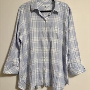 Foxcroft NYC Womens Caspian Puckered Spring Plaid Button-Up Shirt 16 Blue